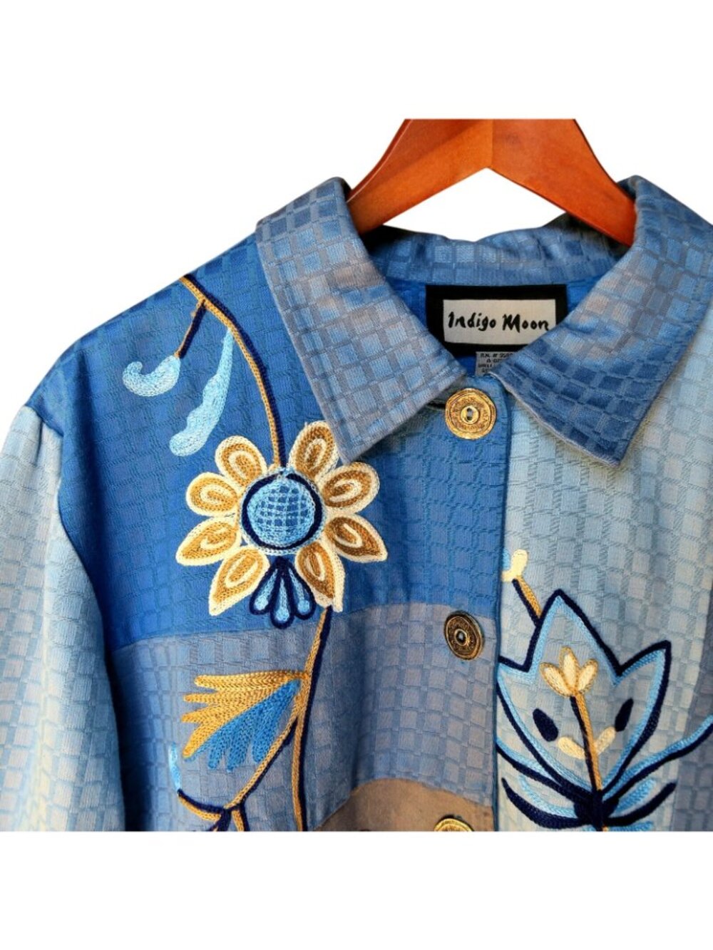 Indigo Moon Blue Patchwork Embroidered Jacket Lined Button Front Women’s Large - Picture 5 of 6